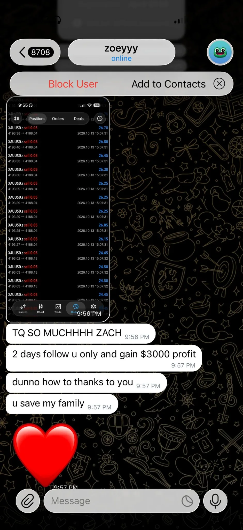 Member-provided Telegram testimonial screenshot 1 of 4